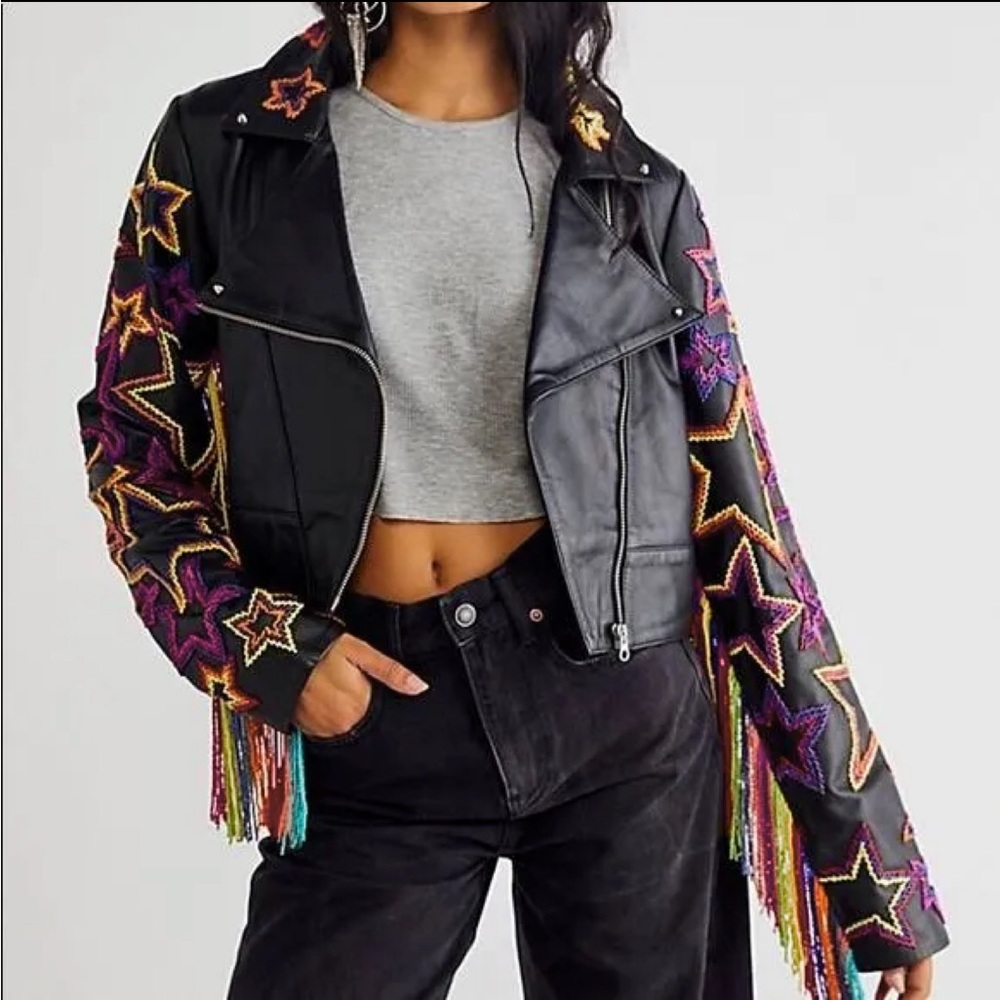 Free People Any Old Iron Fringetastic Leather Moto Jacket (large)